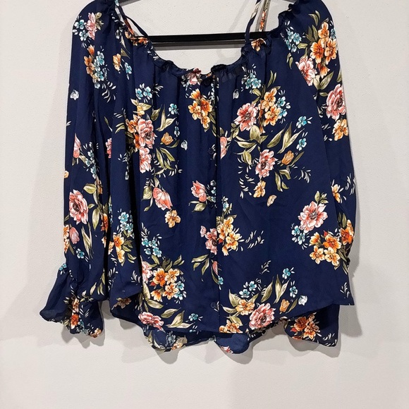 Navy Floral Off-Shoulder Blouse Plus Size 2X - Picture 3 of 6